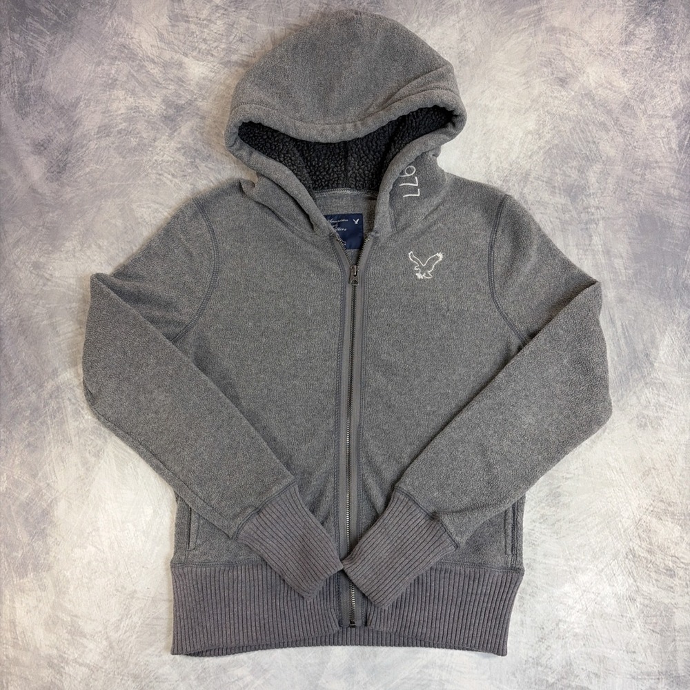 Vintage American Eagle Hoodie Womens Large Gray Sherpa Lined Full Zip Fleece